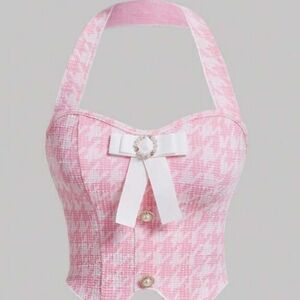 SHEIN Pink Houndstooth Halter With Faux Buttons And Stylish Bow